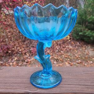Indiana Glass Aqua Blue Footed Lotus Compote / Candy Dish